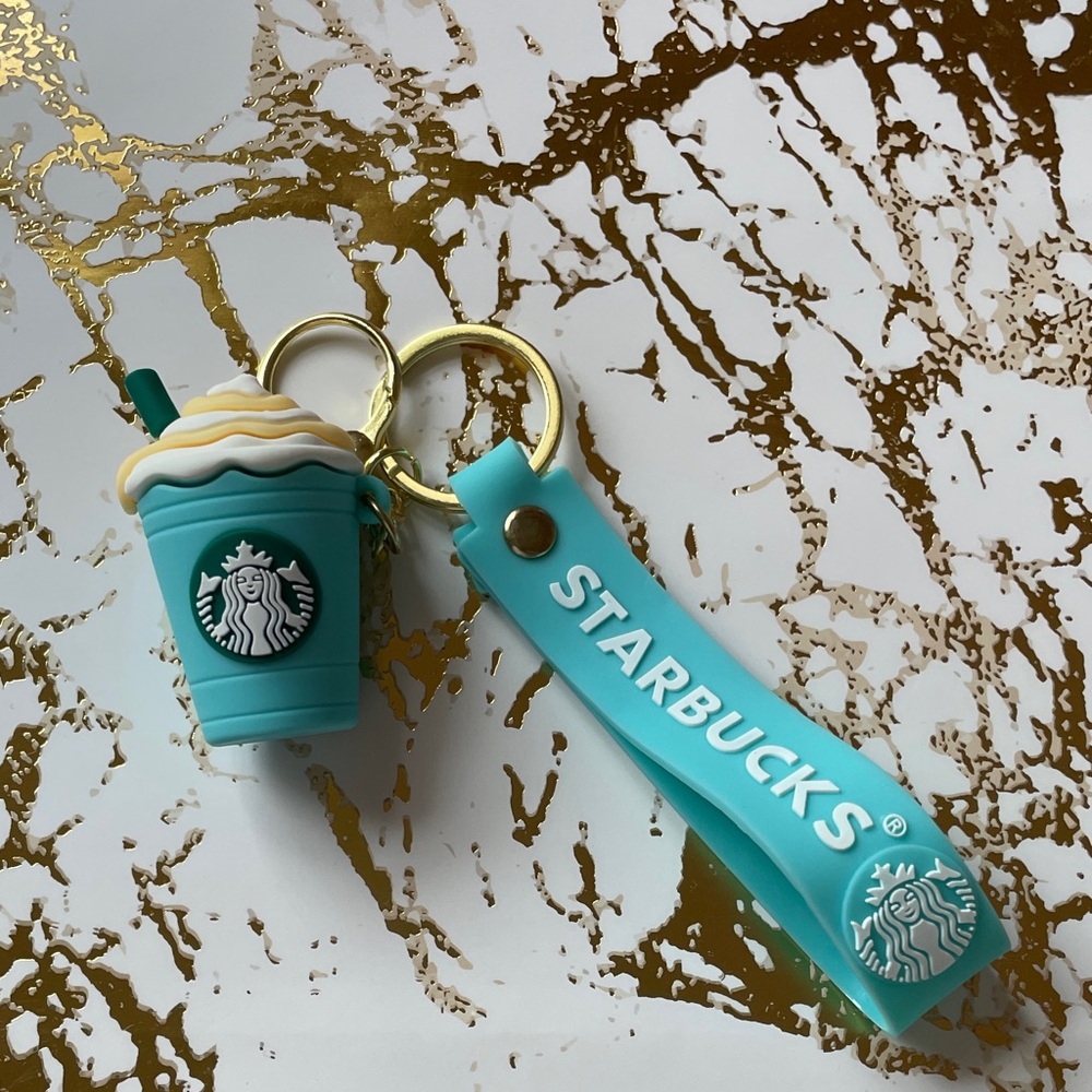Teal Keychain with Coffee Mug and Gold Accents